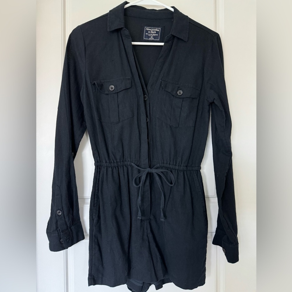 Abercrombie & Fitch Black Long-Sleeve Button Romper with Drawstring Waist